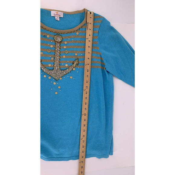 Quacker Factory Blue Gold Metallic Beaded Anchor Sweater Nautical M - Picture 9 of 10